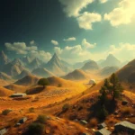 Ein weitläufiges, goldenes Tal mit sanften Hügeln und schroffen Bergen im Hintergrund. Der Himmel ist mit dramatischen Wolken und Sonnenstrahlen gefüllt, die durch sie brechen. Auf den Hügeln sind vereinzelt Bäume und Büsche sowie einige seltsame Strukturen wie eine weiße Kugel und ein rechteckiges Gebäude zu sehen. Der Boden ist mit trockenem Gras und vereinzelten Steinen bedeckt.