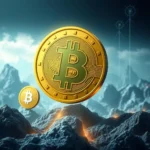 Ein goldenes Bitcoin-Symbol schwebt über einer rauen, felsigen Landschaft unter einem dramatischen Himmel mit aufsteigenden Datenlinien.