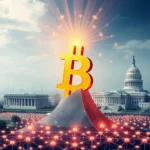 Ein riesiges goldenes Bitcoin-Symbol schwebt über einem glänzenden, pyramidenartigen Berg vor dem Kapitol in Washington D.C., umgeben von einem Netzwerk leuchtender Punkte und Strahlen.