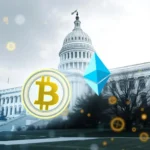 Bitcoin- und Ethereum-Symbole vor dem Kapitolgebäude in Washington D.C.