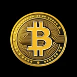 Ein goldenes Bitcoin-Symbol auf schwarzem Hintergrund, das ein stilisiertes "B" zeigt, umgeben von einer kreisförmigen Münze mit Schaltkreismuster und kleinen Kreisen am Rand.