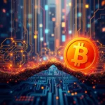 Ein stilisiertes Bitcoin-Symbol mit leuchtend orangefarbenen Umrissen steht auf einer gebogenen, glühenden Struktur vor einem Hintergrund aus elektronischen Schaltkreisen und abstrakten blauen und orangefarbenen Lichtern.